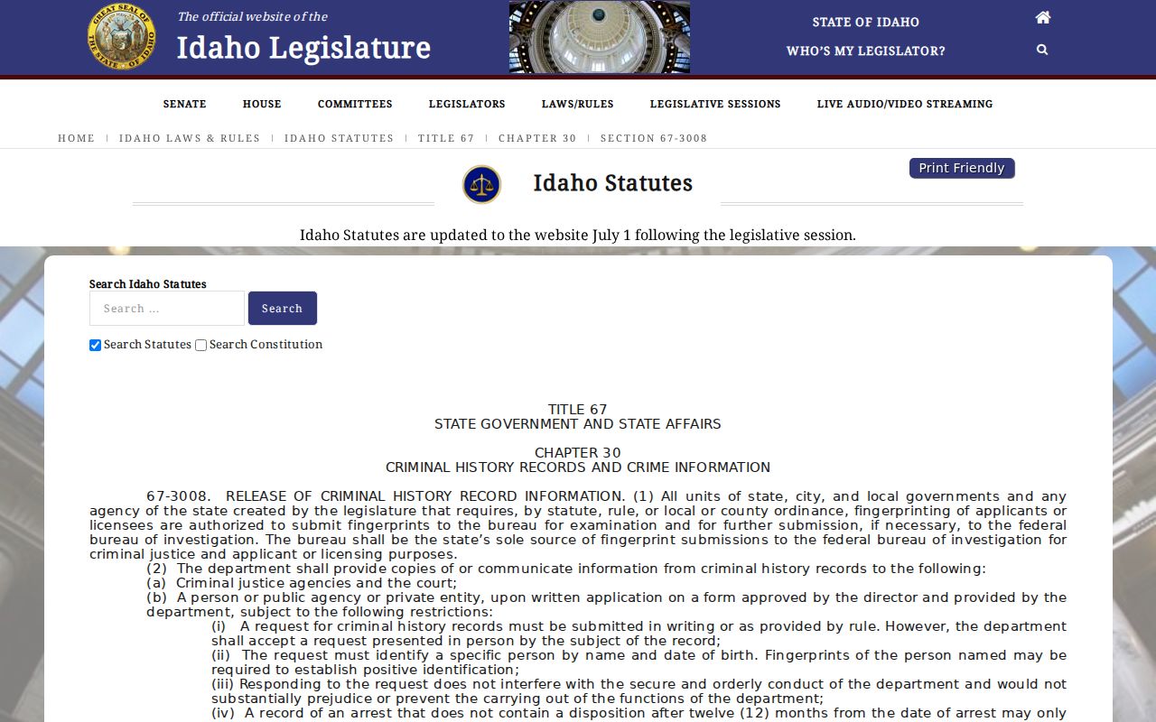 Idaho dissemination rules for Boise County arrest history