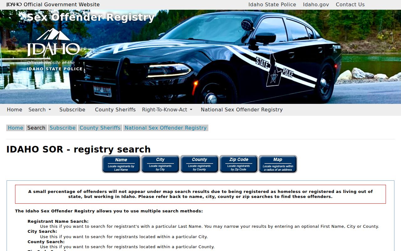 Idaho Central Sex Offender Registry public search screen
