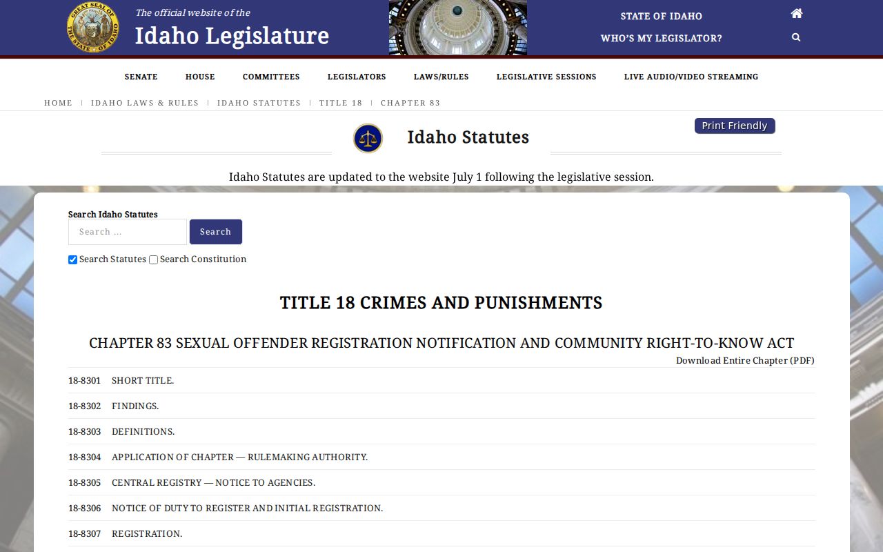 Idaho sex offender registration law chapter