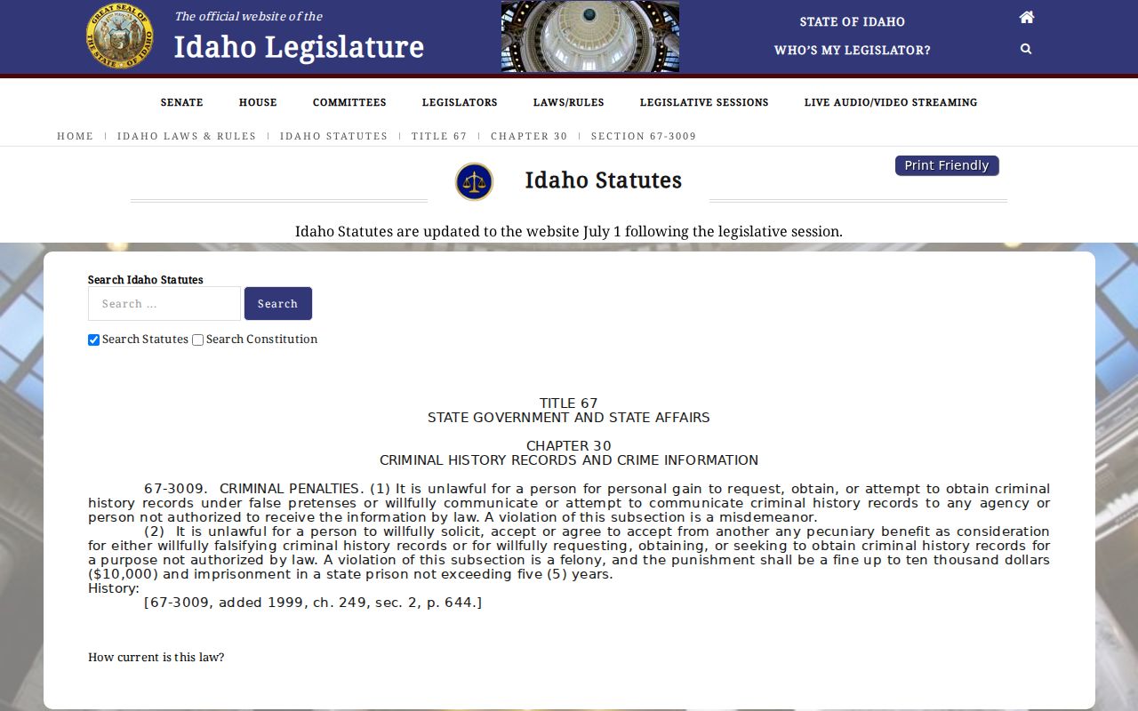 Idaho unlawful criminal history dissemination statute
