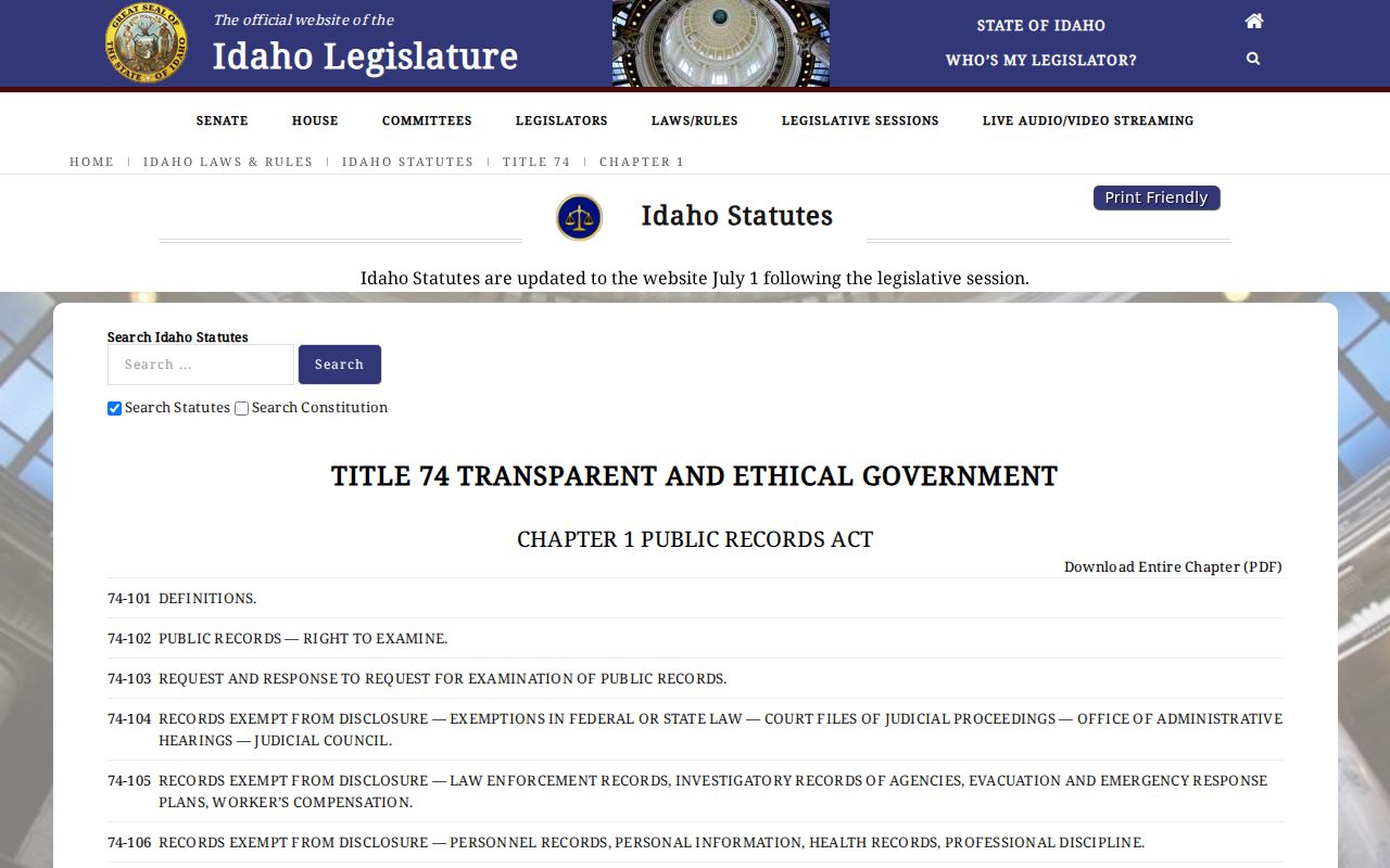Official Idaho Public Records Act statute page