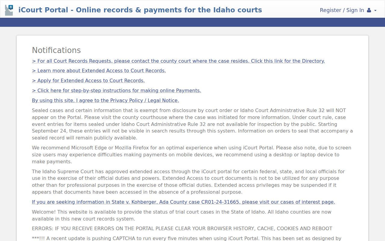 Idaho iCourt public case search used for Boise County cases