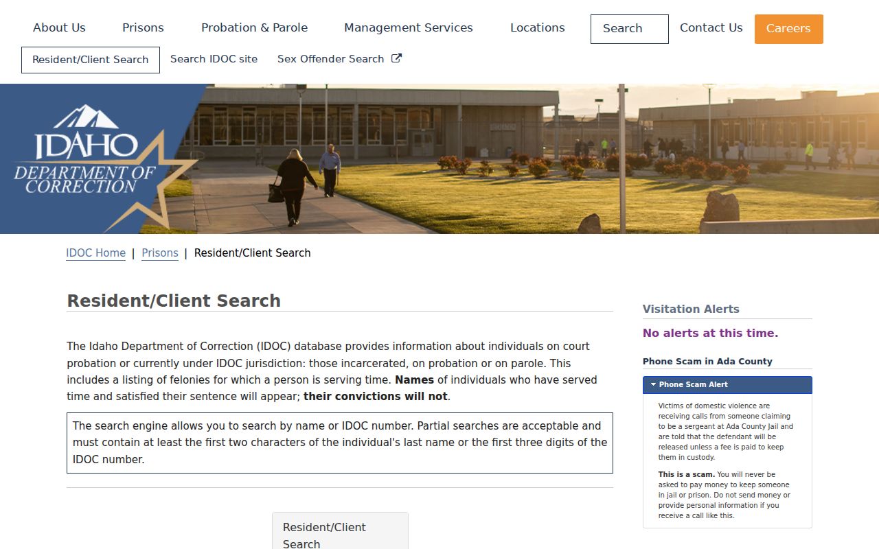 IDOC Resident and Client Search for Idaho correctional custody